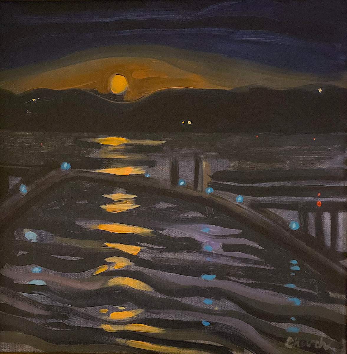 Plum Point Nocturne by Maureen Church  Image: Plein Air painting at Plum Point on Seneca Lake. I was there at just the right moment to capture this supermoon rise.