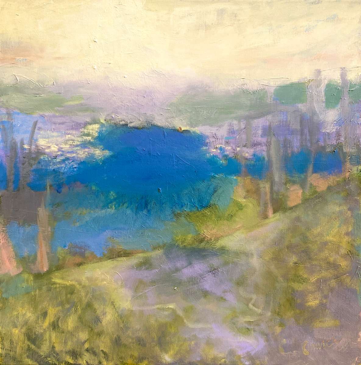 "Le Printemps" by Maureen Church  Image: An abstract landscape painted in oils on linen. Inspired by the soft edges in the natural settings on the shoreline of Lake Ontario. 