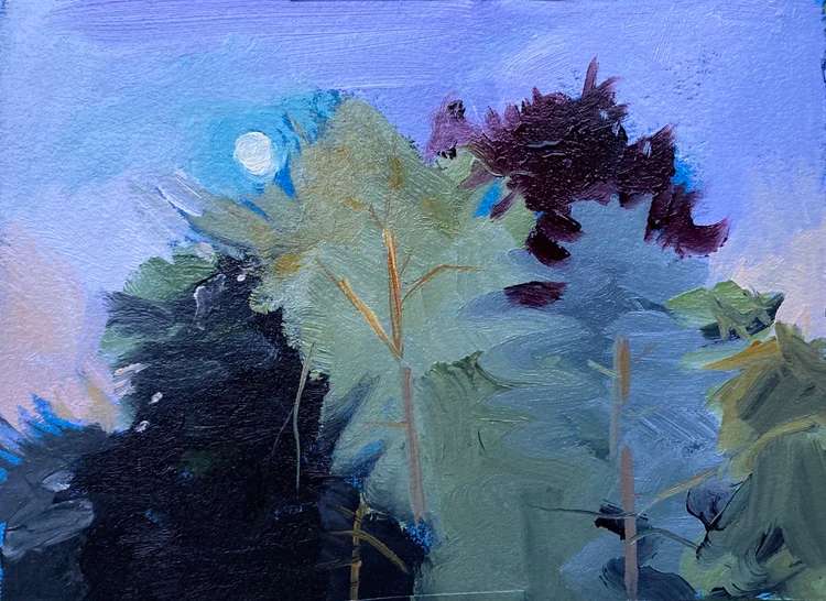 Blue Hour with Poppi by Maureen Church  Image: a nocturne painting at the blue hour accompanied by Poppi