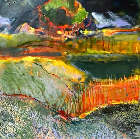 Fight or Flight by Maureen Church  Image: encaustic piece inspired by a plein air painting 
