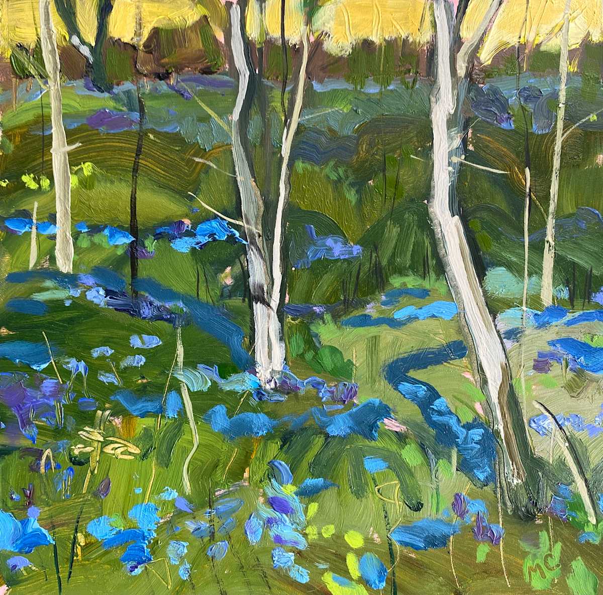 Bluebells by Maureen Church  Image: A plein air piece painted at Mertensia Park, Victor, NY