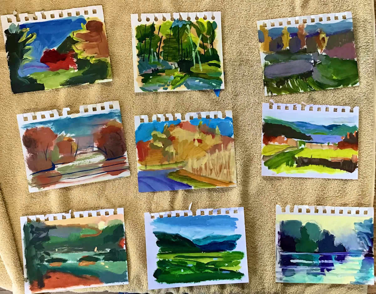 Tiny Sketchbook paintings by Maureen Church  Image: 9 tiny oil studies on paper