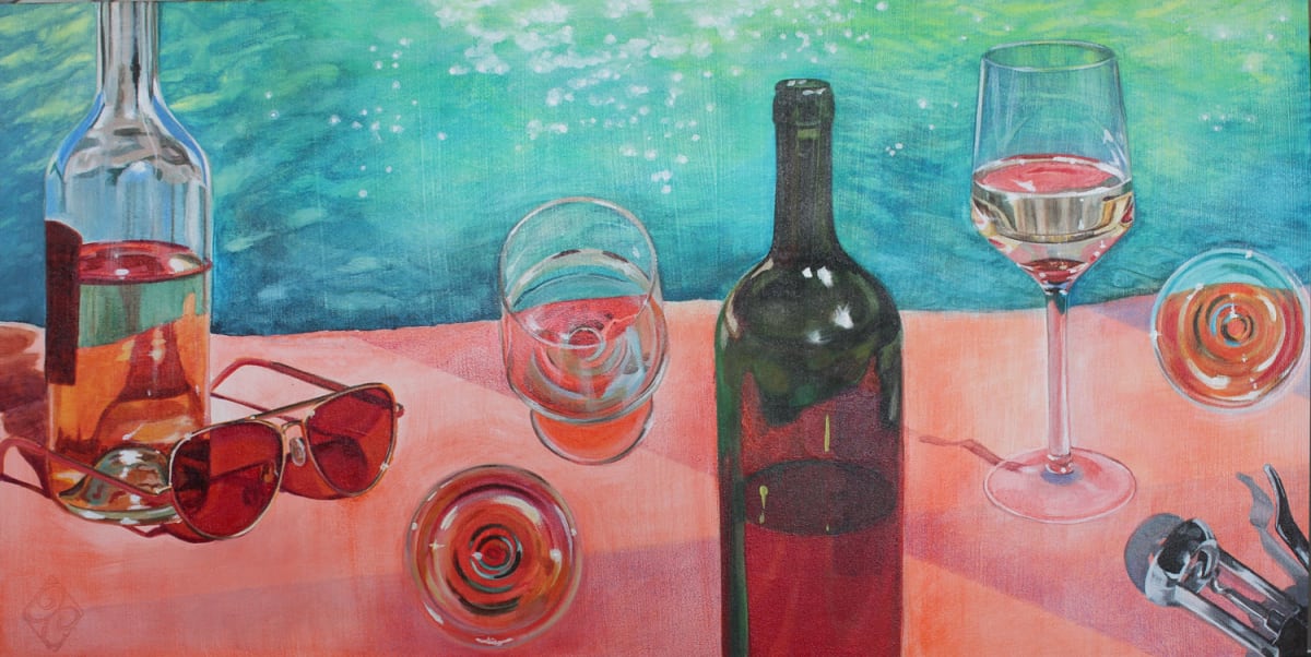 Orange, White & Blue by Joan Chamberlain  Image: Evocative of a hot summer day, this piece is a play on the old red, white, and blue, with the white being the wine. 