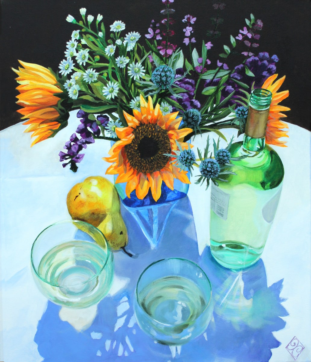 Summer Colors by Joan Chamberlain  Image: Sunflowers, white wine, and a pear in a sun-drenched table setting.