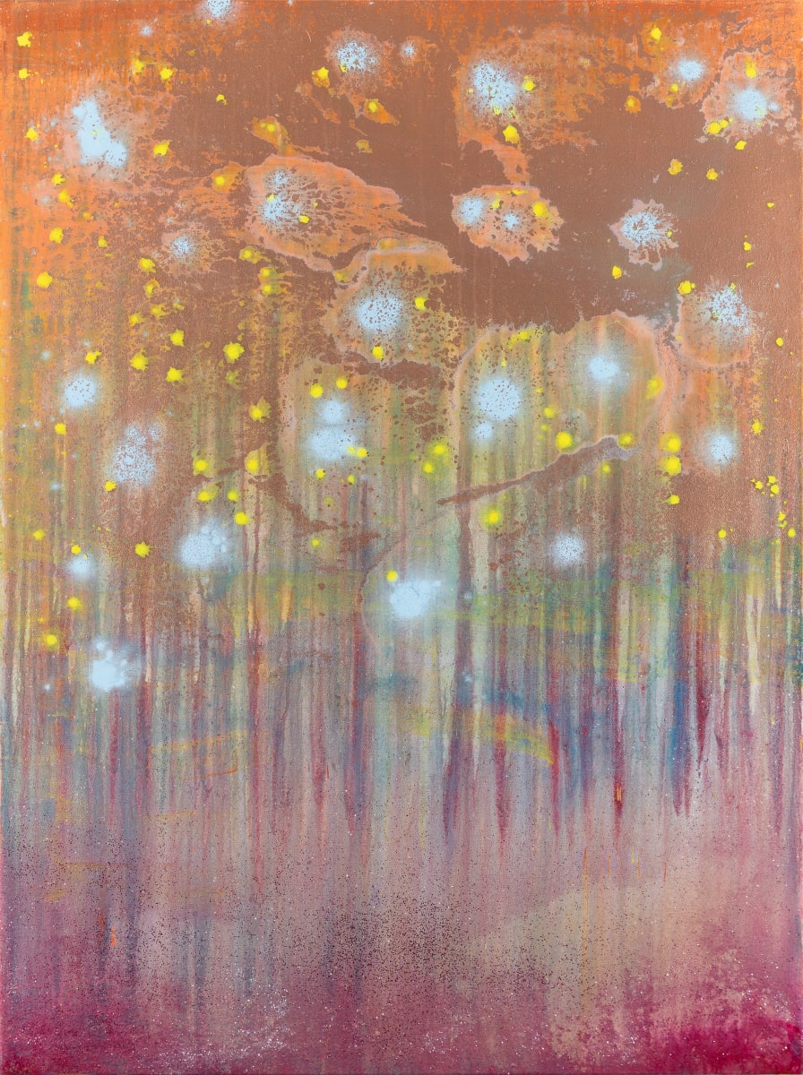 Moonflowers by Jonathan Herbert  Image: Based on an alizarin gradient, points light drift across fields of copper and dusty magenta—emanations in motion. The structure comes through rhythm,. Like Wright’s art glass, this piece filters experience through color and alignment.