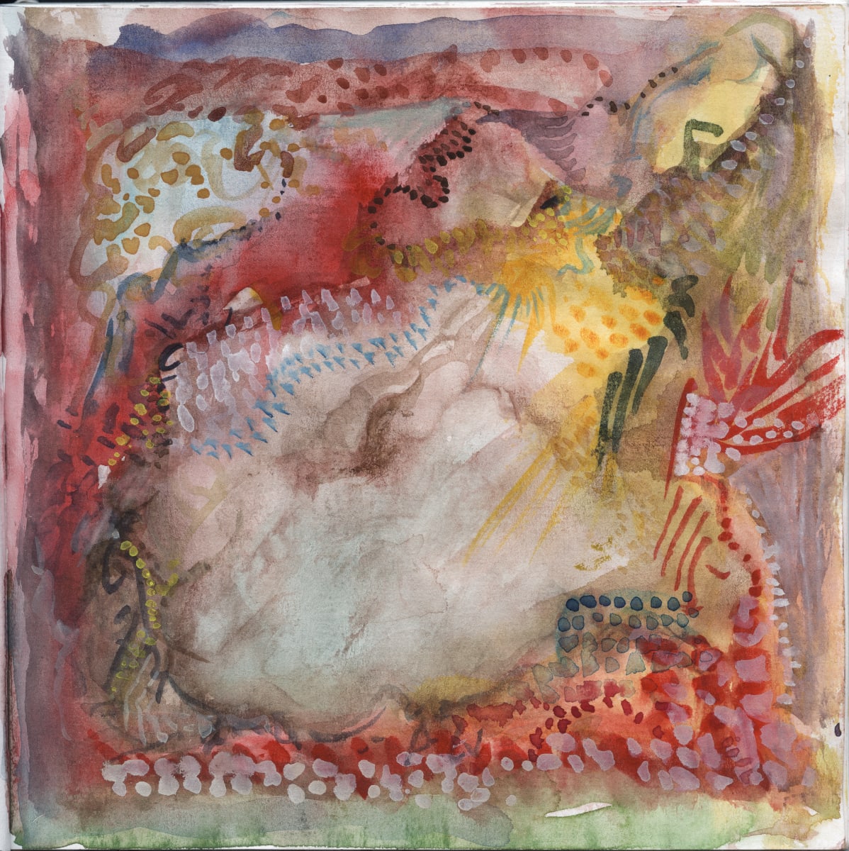 Rubedo by Jonathan Herbert  Image: Incarnate red moves through veils of yellow and green, pressing toward fullness. The space is saturated, not loud—something has resolved here. Rubedo: the final stage, where matter and spirit fuse.