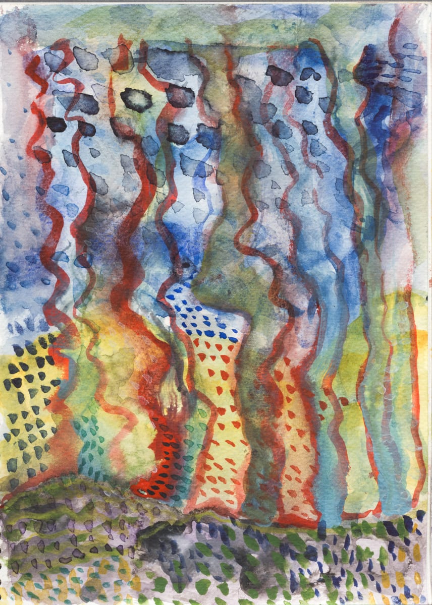 Jump Around by Jonathan Herbert  Image: Sinuous verticals rise through translucent veils, paths between realms. The rhythm is ritual—form repeating to reveal. Wright’s Tree of Life windows move in the same direction—upward, inward, quiet.