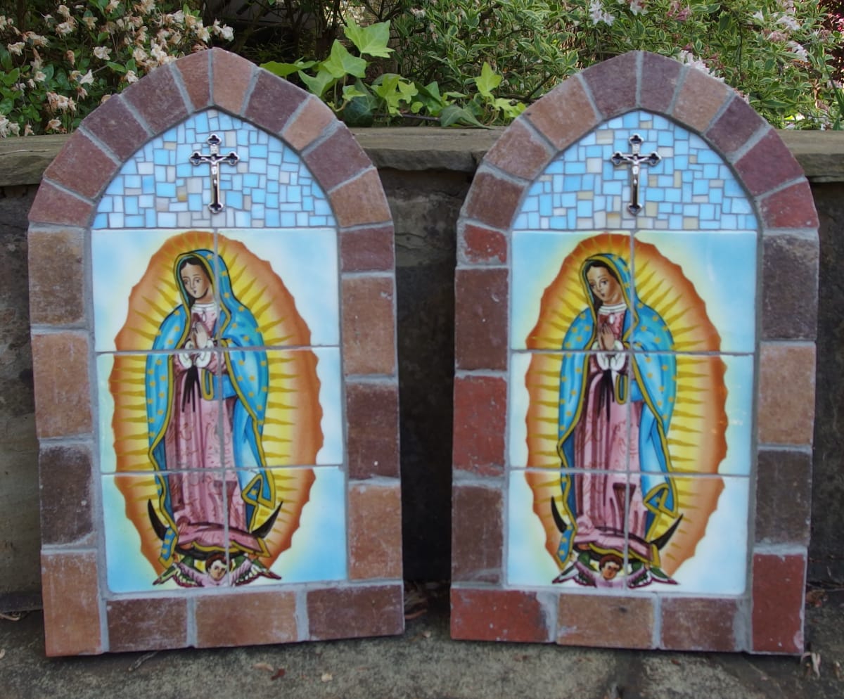 Our Lady of Guadalupes by Julie Mazzoni  Image: A special commission for two sisters using Our Lady of Guadalupe tiles. The tiles were a gift from their parents that sat untouched for years. The bricks are from their home growing up.