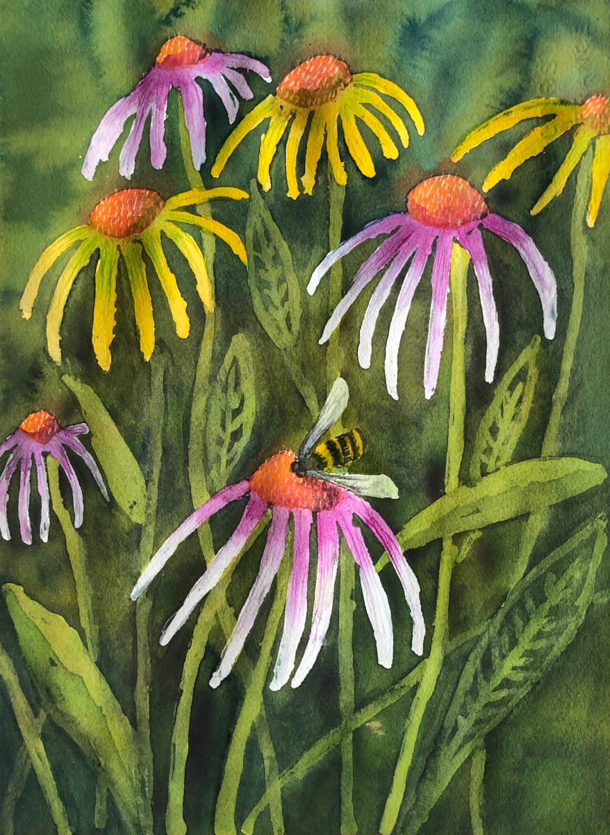 Whimsical Coneflowers With Bee by Katy Heyning 
