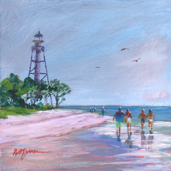 Sanibel Lighthouse Point by Keith E  Johnson  Image: 6 x 6-inch original gouache painting on a cradle board of friends walking at the Sanibel Lighthouse beach.