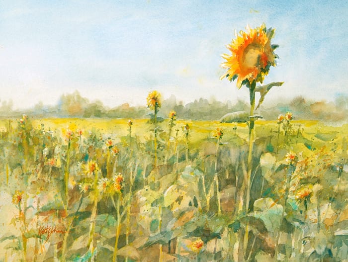 Sunflowers by Keith E  Johnson  Image: Original watercolor painting of a field of sunflowers