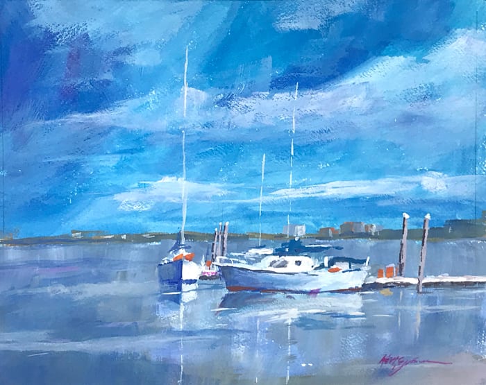 White Boats in Blue by Keith E  Johnson  Image: White sailboats moored at the dock.

This is 8 x 10 inch gouache painting mounted on a wood panel,