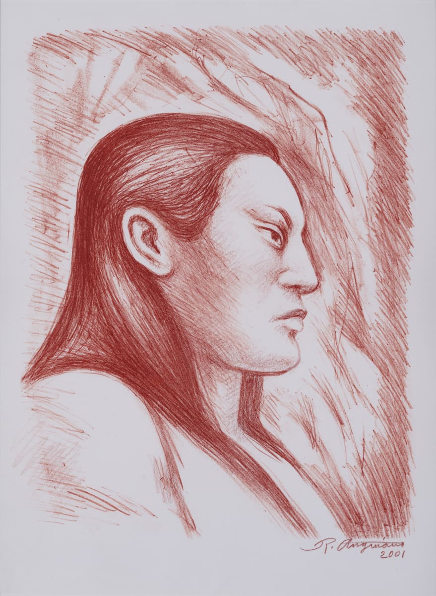 Untitled (Burnt orange sketch of man in profile) by Raúl Anguiano 