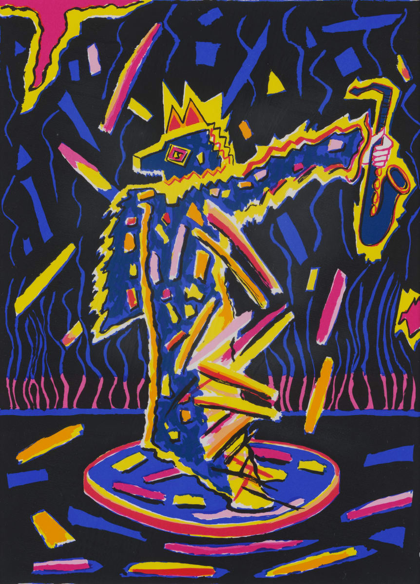 El Politico (The Politician) by Poupee Boccaccio  Image: An abstract figure of a person, arm extended holding a saxophone, wearing a crown, is the primary image amongst a black background with wavy blue, yellow, and pink lines. The figure is standing on a blue circle outlined in pink as if it is the spotlight or stage on which the figure performs.1993 Print Collaboration: Atelier #22, Self-Help Graphics, Los Angeles, CA and David Zapf Gallery, San Diego, CA


