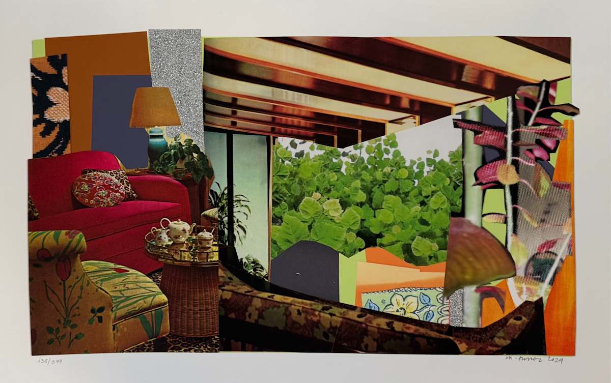 Interior: Red Couch and Landscape by Mickalene Thomas  Image: Image Courtesy of Ashby & Graff Real Estate Art Collection. © 2025 John Graff