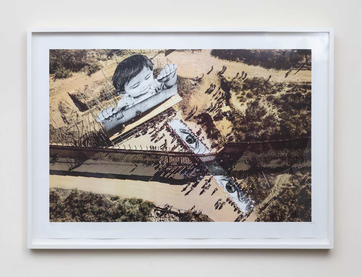Migrants, Mayra, Picnic Across the Border, General View, Tecate, Mexico - U.S.A., 2022 by JR  Image:  Image Courtesy of Ashby & Graff Real Estate Art Collection. © 2024 Philippe Baron.