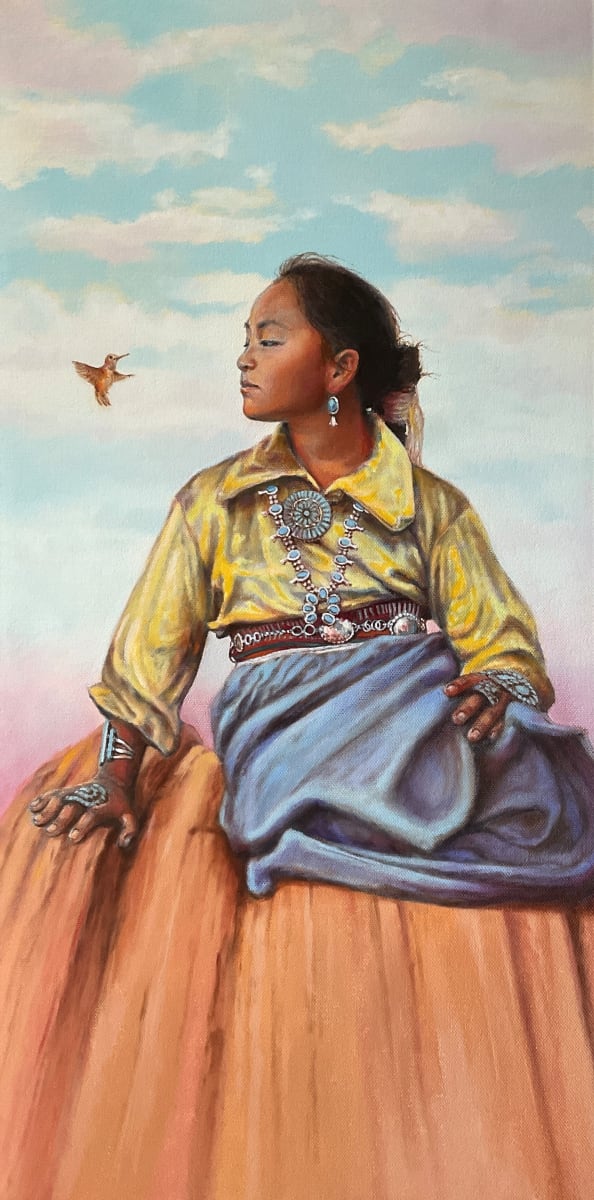 The Messenger by Karen Clarkson  Image: Contemporary oil portrait of young Dinè girl AtsaBiyaazh who lives on the Navajo reservation with her family.