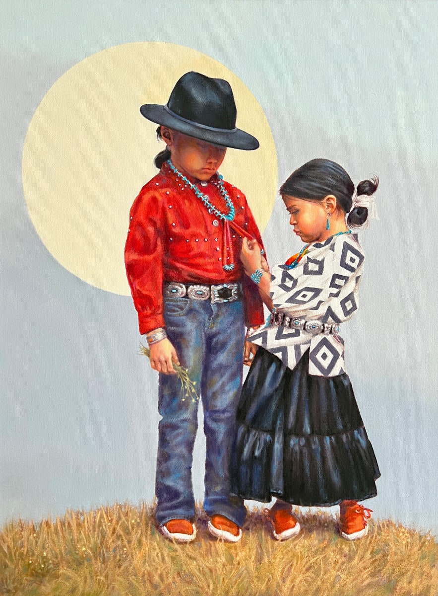 Market Day 2022 by Karen Clarkson  Image: Big brother Abraham and little sister Leia live on the Navajo Nation with their parents. Today they are going to the Indian Market to celebrate it’s 100 years anniversary in Santa Fe, New Mexico. 