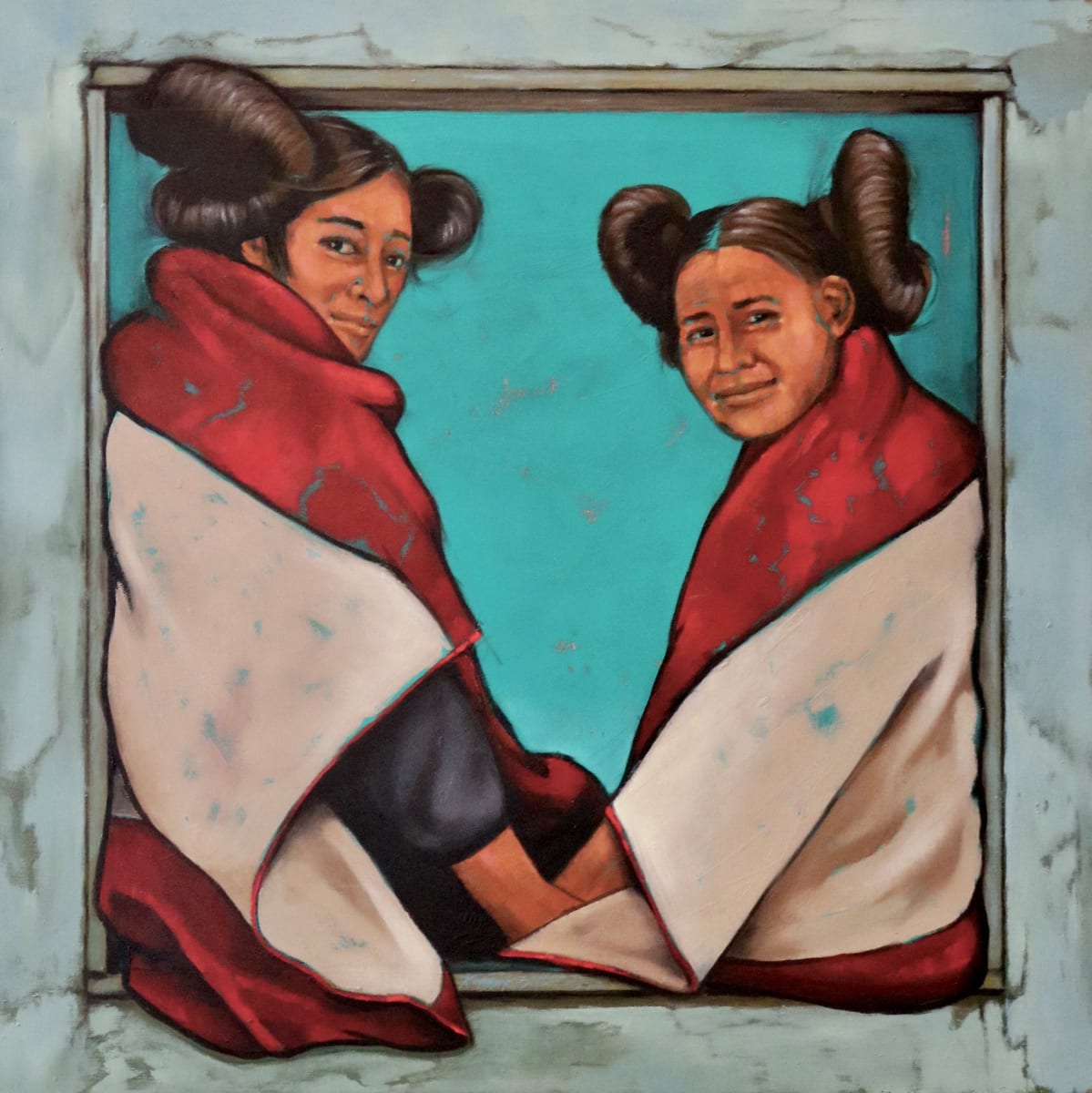 Hopi Sisters by Karen Clarkson  Image: Two sisters look out their window together - from a photo by Edward Curtis in the late 1800’s