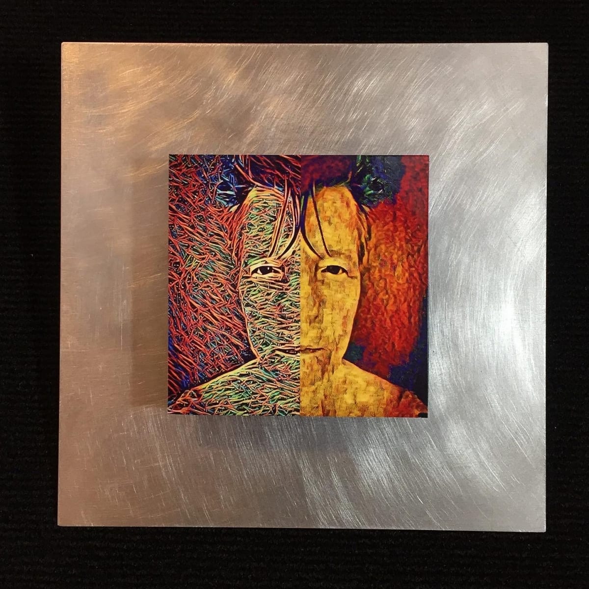 Two Sides: Evolution Series Sculptural by Susan Detroy  Image: "Two Sides" is in the limited "Evolution" series created by my own hand.
The image as well as all the pieces in the “Evolution” series, is based in the "Portrait of a Woman" project. The sculptural photographs add delightful 3-dimensional quality using brushed metal and stained wood.
The series was created as a group in the later part of 2019. 
The "Portrait of a Woman" project started in 2016 and continues with digital, 2-D, 3-D and video artworks. 