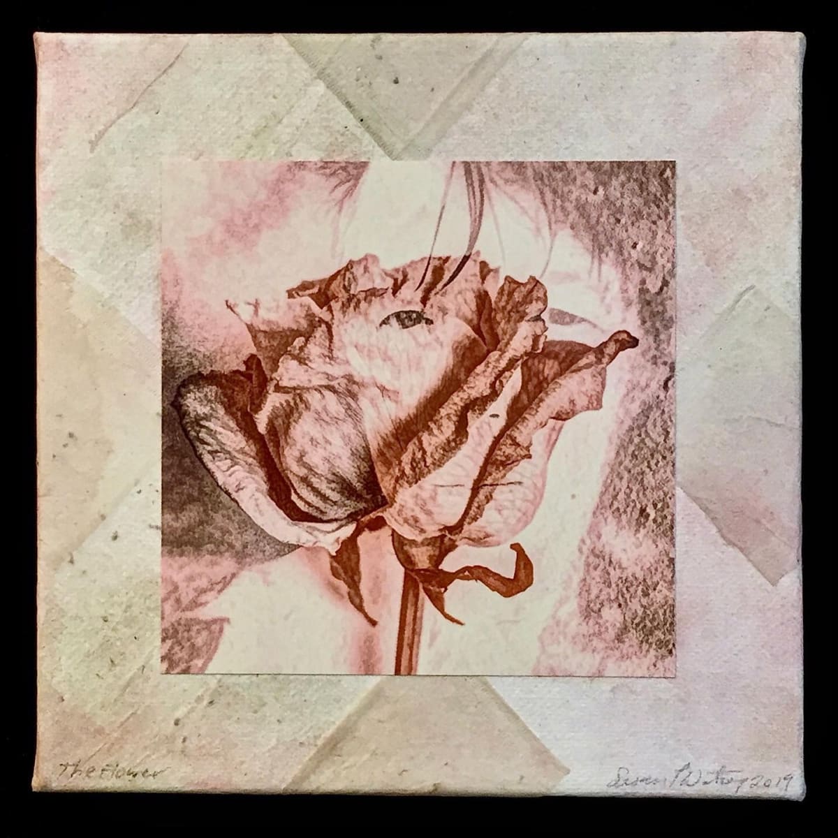 The Flower:  Evolution by Susan Detroy  Image: “The Flower” is part of the "Evolution" series. 
The image as well as all the pieces in the “Evolution” series, is inspired by the "Portrait of a Woman" project. I create the small pieces using recycled teabag papers along with digital images, watercolor and ink. 
The ideas for the “Evolution” series emerged as a group in the later part of 2019 initiated by a small works art challenge. 
The "Portrait of a Woman" project evolved in 2016 and continues with digital, 2-D, 3-D and video artworks. 

Signed on front and back with authenticity certificate. 

Plus shipping. Purchases over $500 shipping is free. Shipping available in the US.  Individual global shipping upon request.