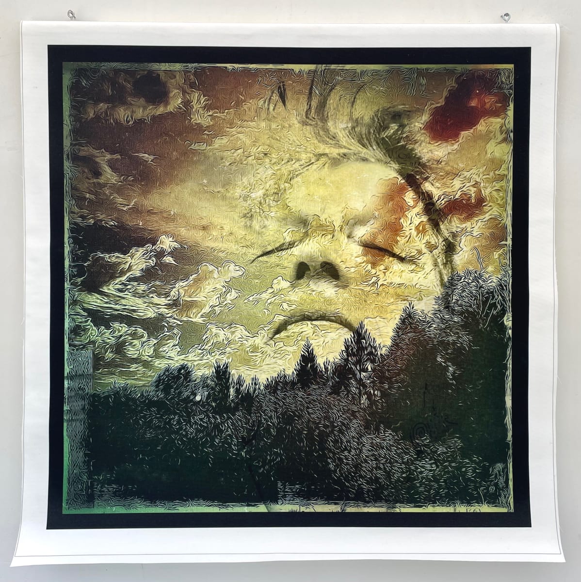 Dream Refuge by Susan Detroy  Image: "Refuge Dream” is one creation in my expansive project that emerged from my personal journey in aging. “Portrait of a Woman” began in 2016 as I continue creating pieces. 
This piece is offered on bar hung canvas. It themes are part of the larger project as well as ideas about dreaming and finding refuge. There is a pull between the sky facing person and the earthly trees.
As the largest undertaking in my art career it is an extensive venture encompassing artworks in multiple media.  The origin of the project grew from my personal journey in aging, using my own face. Pieces incorporate my face with natural elements. After six years now the pieces in this collection include canvas, metal and paper prints as well as a few small experimentations. 