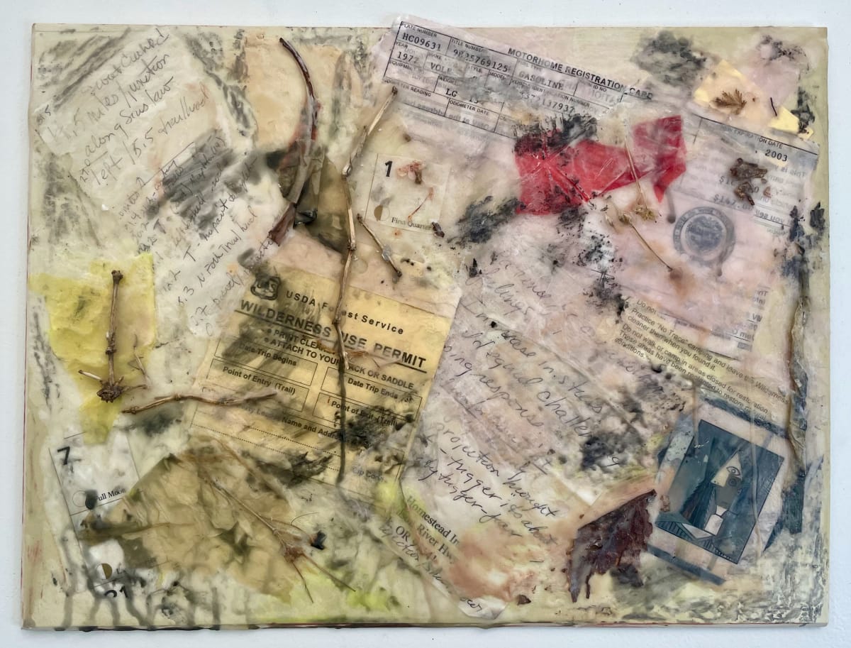 Travels  Image: "Travels" is part of  the "One Life' series which includes a limited number of pieces utilizing family life, childhood and reflection themes. Three times in my life I traveled and lived in a camper van. I visited deserts and forests. I like to save things to remember my trips.  I used memorabilia from my voyages to create this only artwork I have created using wax. 