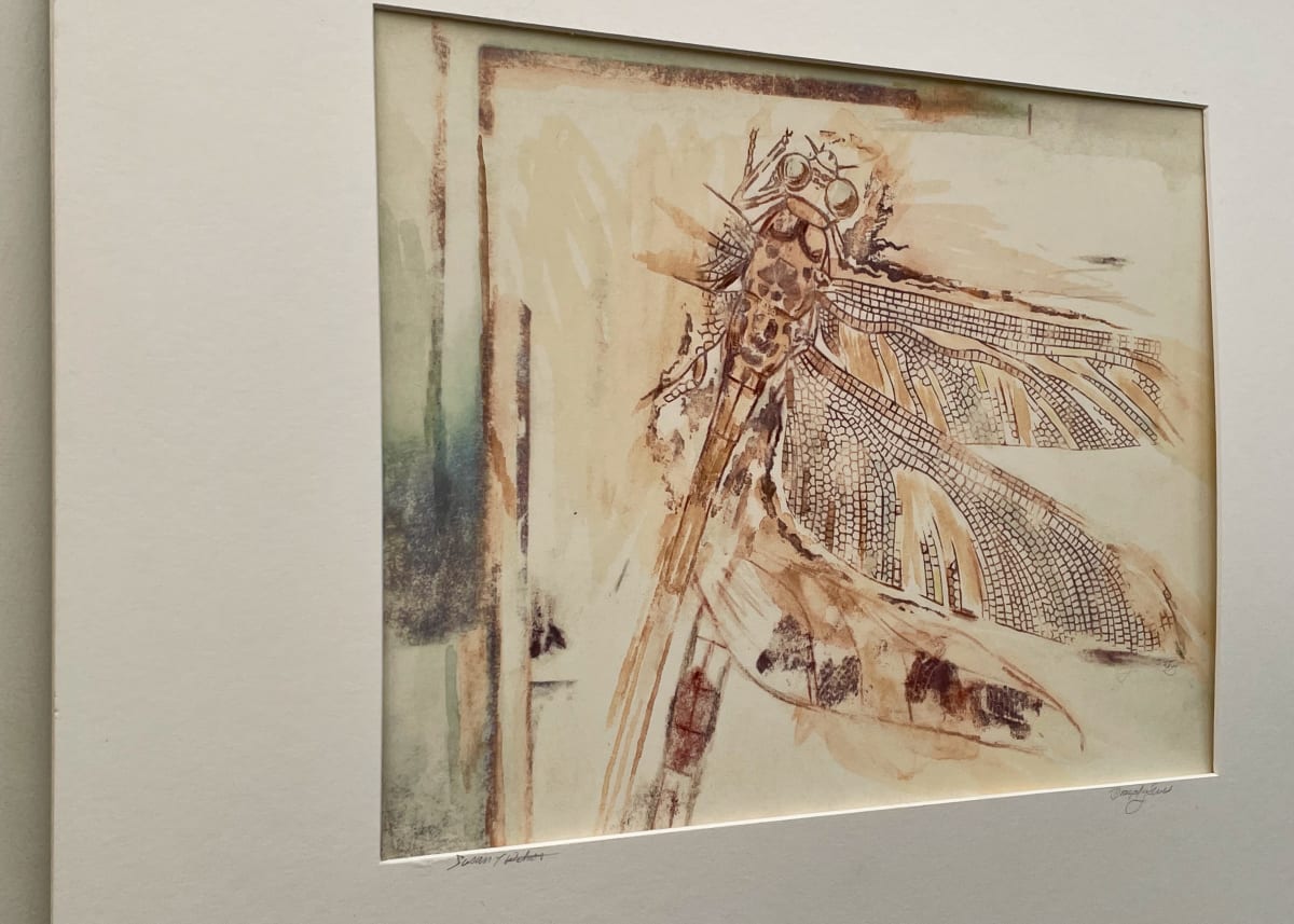 Upward by Susan Detroy  Image: This one of a kind piece offers dragonfly imagery using transfer, pen, pencil and watercolor. Artwork worshipping the place of insects in our earthly existence.  