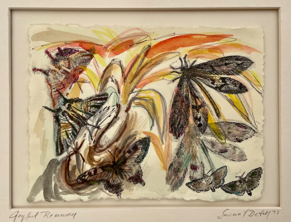 Joyful Reunion by Susan Detroy  Image: "Joyful Reunion" is a special piece in the collection "Worship of Precious."  A is a beautiful transfer, watercolor, pen and ink original hand created artwork. Using liquid transfers and mark making the image illuminates the movement and joy of the world of small flying creature, moths, butterflies, mayflies and florals. 