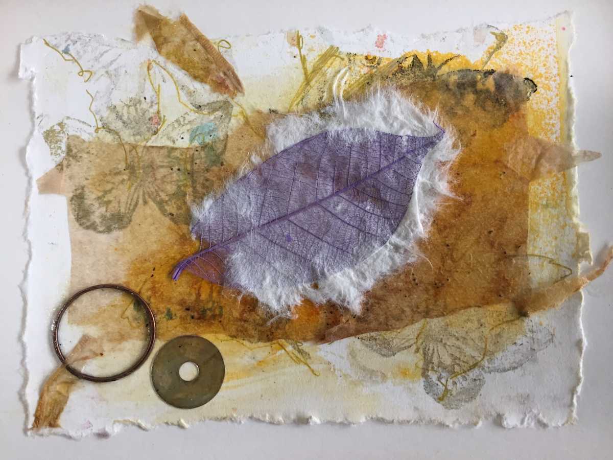 Feather Card by Susan Detroy  Image: This card was created with a teabag paper and other art materials. It was framed and offered in a gallery donation event and purchased along with a companion piece by the same collector.