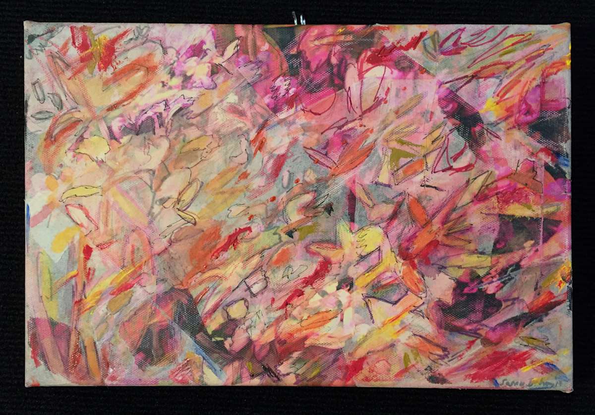 Happy Marks by Susan Detroy  Image: An abstract painting created using acrylic on a pre-existing painting. This artwork was offered at a gallery donation event. Purchased by a collector who bought the two pieces.