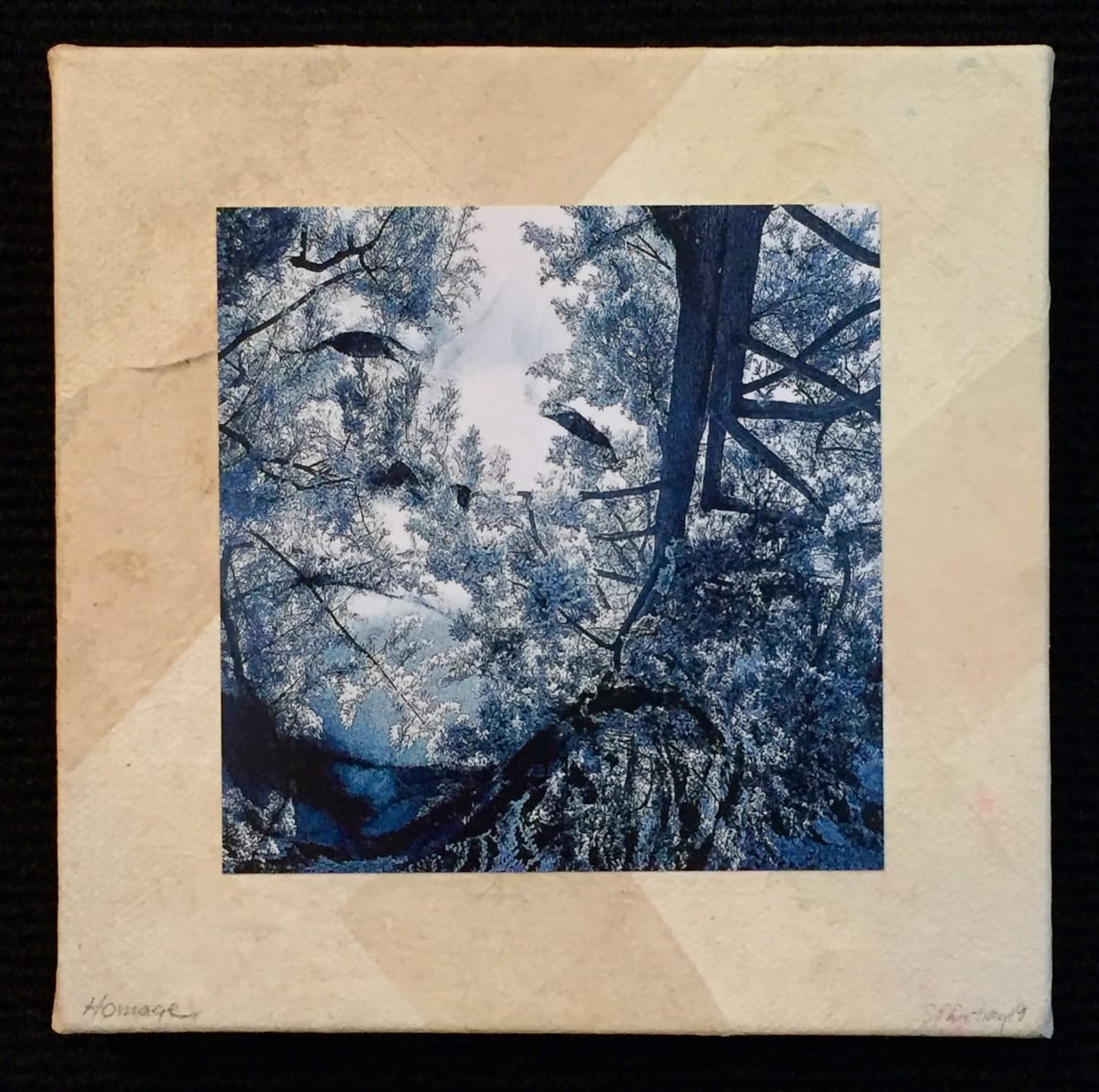 Blue Sky: Evolution  Image: “Blue Sky” is part of the "Evolution" series. 
The image as well as all the pieces in the “Evolution” series, is inspired by the "Portrait of a Woman" project. I create the small pieces using recycled teabag papers along with digital images, watercolor and ink. 
The ideas for the “Evolution” series emerged as a group in the later part of 2019 initiated by a small works art challenge. 
The "Portrait of a Woman" project evolved in 2016 and continues with digital, 2-D, 3-D and video artworks. 

Signed on front and back with authenticity certificate. 

Plus shipping. Purchases over $500 shipping is free. Shipping available in the US.  Individual global shipping upon request.