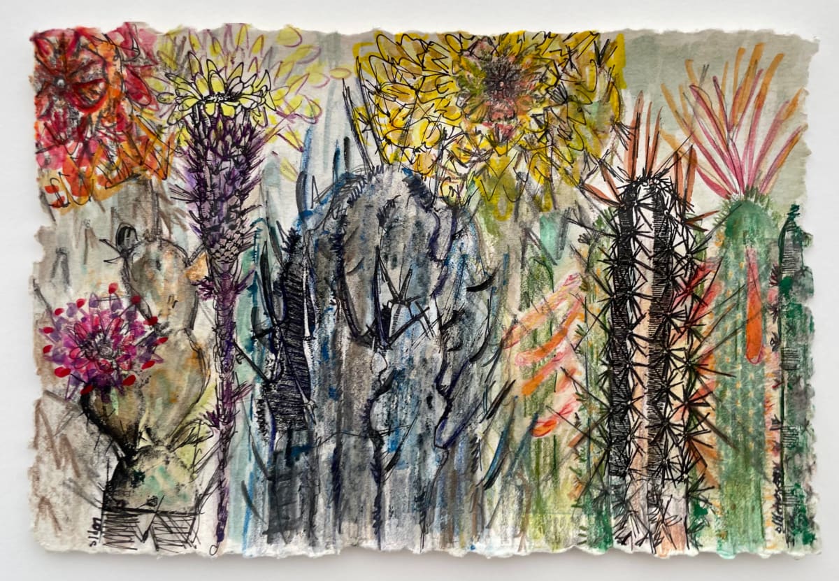 Row by Susan Detroy  Image: "Row" is one of several pieces inspired by Cactus in their diversity of form. The series is called "Worship of Precious."  This piece has a great symmetrical row of cactus and cactus flowers. Artworks in the collection are a mix of transfers prints, watercolor, pen and pencil. Each artwork is one of a kind, worshipping the wonder of plants in our earthly existence.  