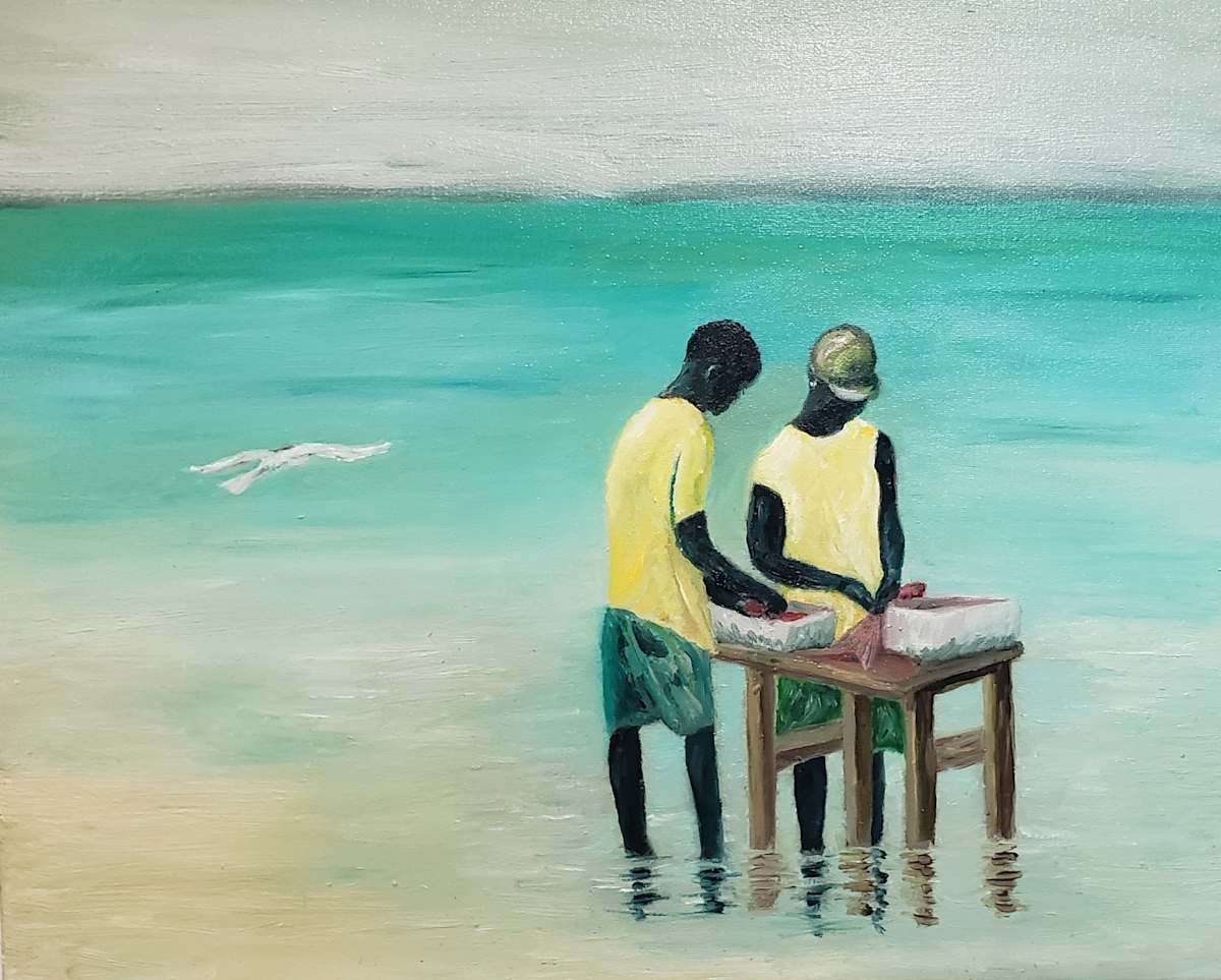Cleaning the day's catch by SP Estes  Image: Cleaning the day's catch, Turks and Caicos, Oil on canvas