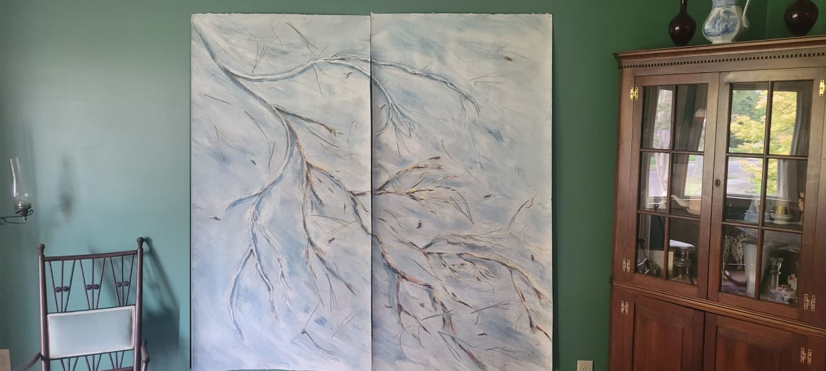 Winter Branches into Spring by SP Estes  Image: Dipytch of house paint, latex, glue, salt, sand, seeds, oil on paper board