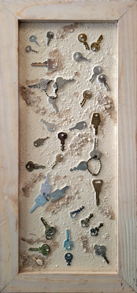 Portrait of My Father's World by Scotti (SP) Estes  Image: collection of keys embedded in clay, sand, gravel, talc, on canvas