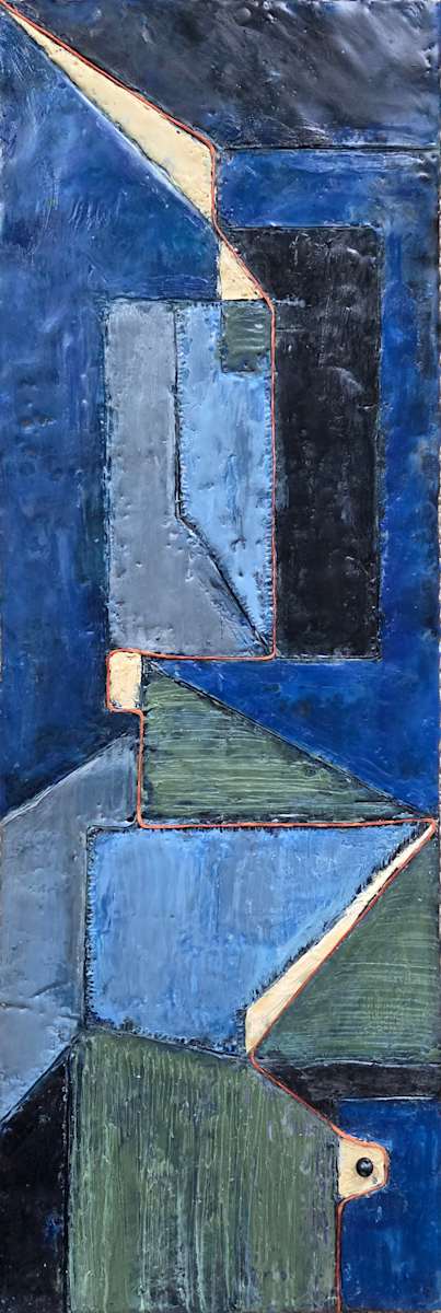 Follow the Thread to Home by SP Estes  Image: encaustic , thread,  metal ball on wood