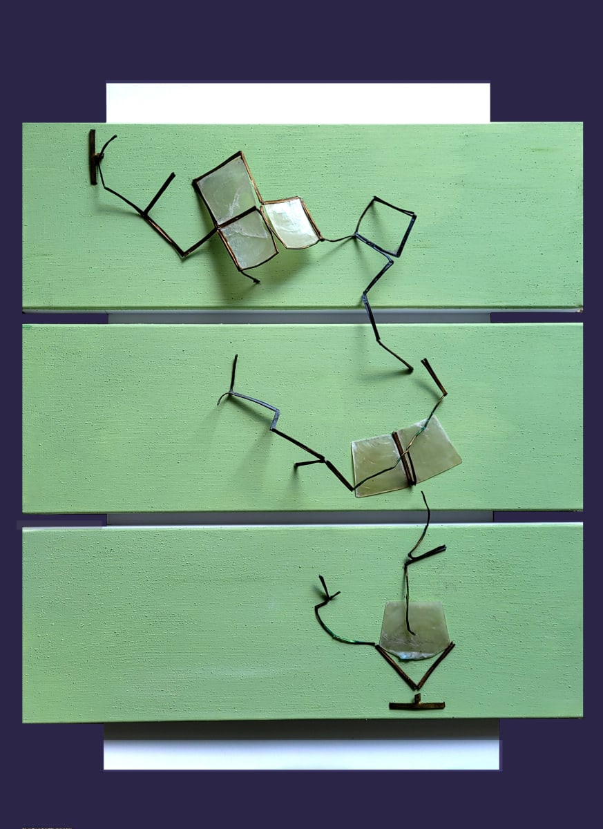 Deconstructed Shade by Scotti (SP) Estes  Image: capriz, lamp brass, 3 canvases, board