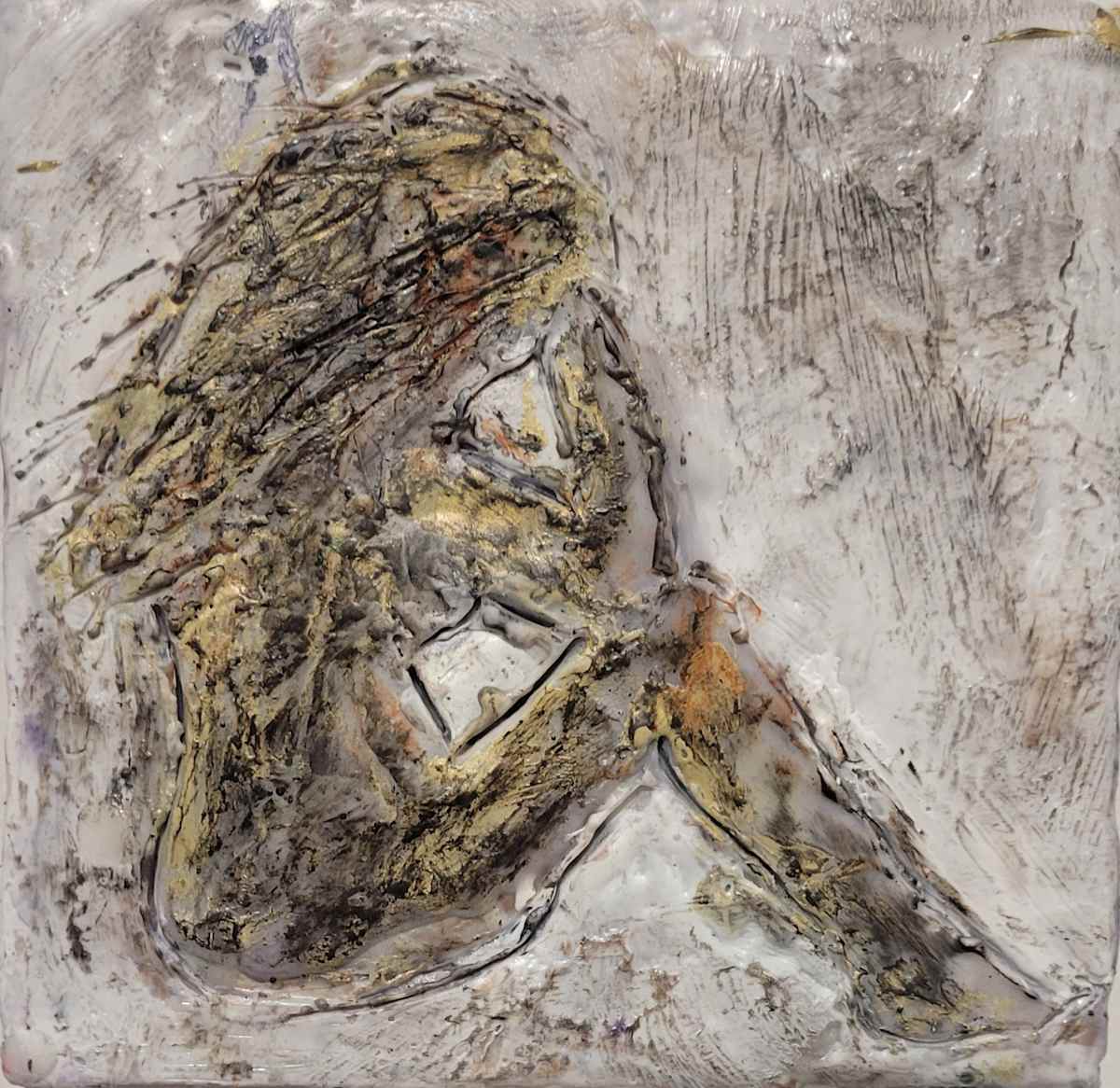 Sitting with  her thoughts by SP Estes  Image: Encaustic charcoal on board