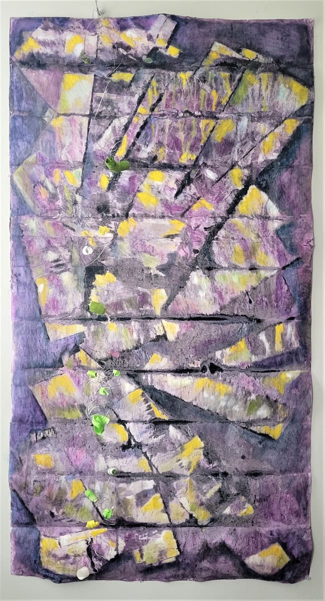 Out Jumped Spring by SP Estes    (aka Scotti Susan)  Image: Out Jumped Spring,
33 in x 60 in
Fabrc dye, ink, sand, oil stick on primed and folded ramboard
with overhang of reclaimed wire turnings and watercolors on
Japanese washi paper