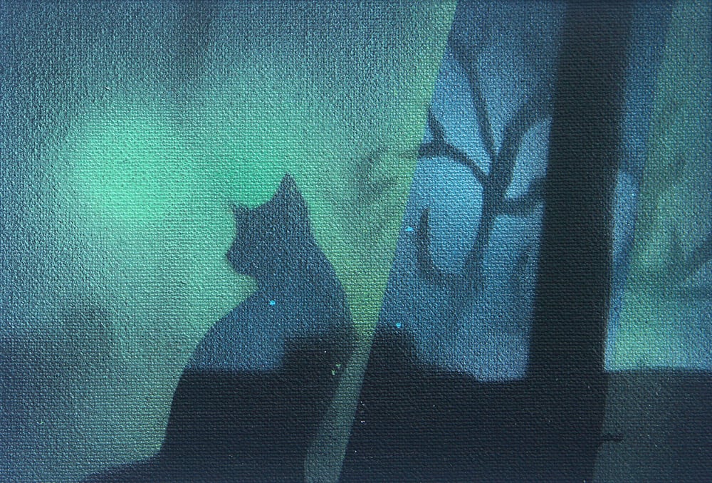 cat in a window by Heather Lewis  Image: Even at night, cats love sitting by the window, watching the world go by. 