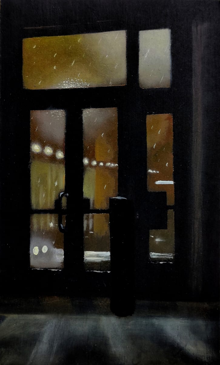 looking out, winter night by Heather Lewis  Image: Looking out through glass doors to a winter night. Where are we? Why? 