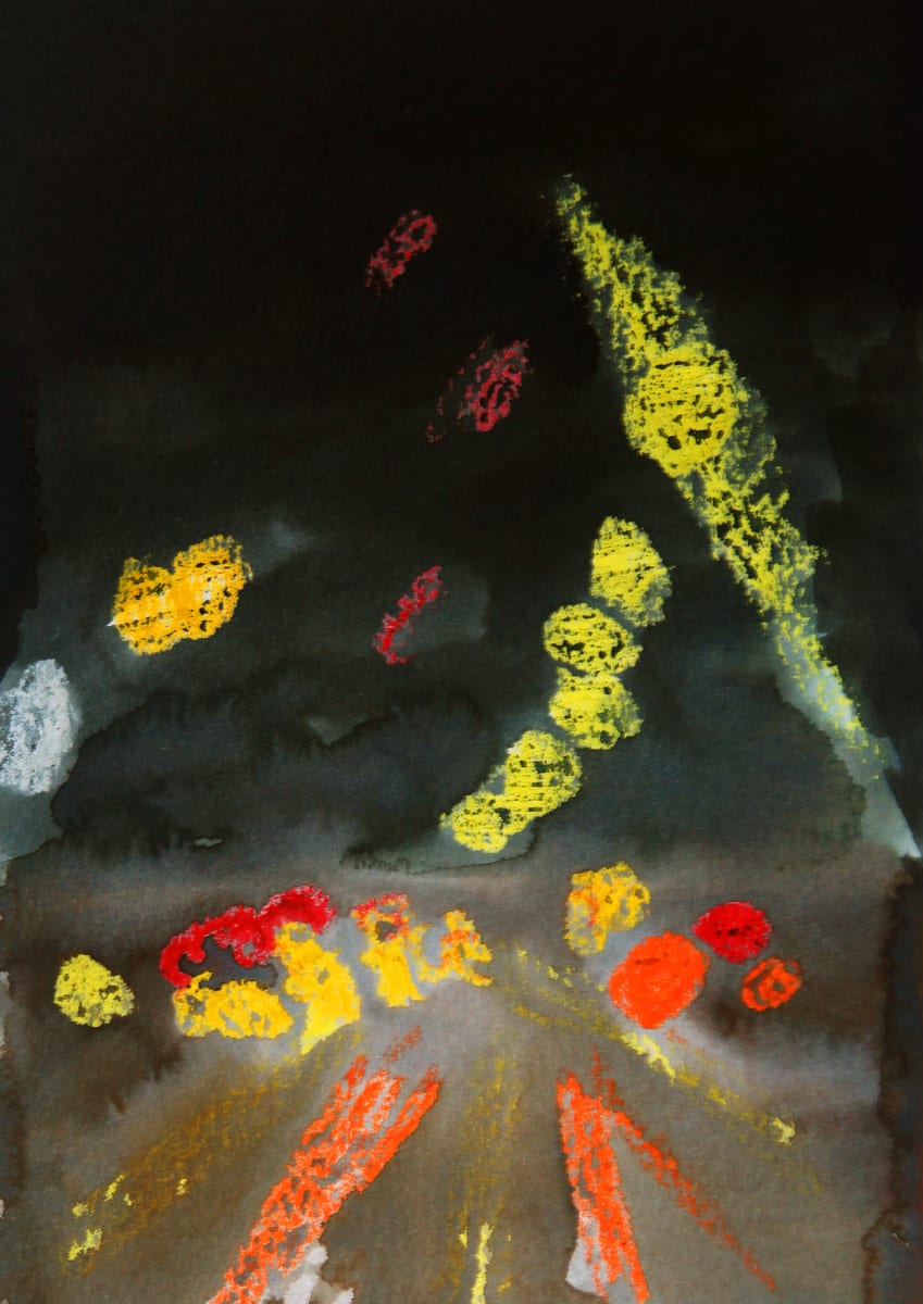 freeway lights by Heather Lewis  Image: For me, this small painting loosely captures the magical lights of night drives. 