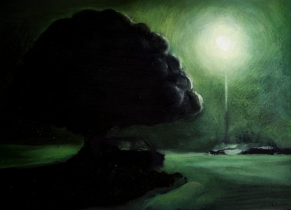 quiet night, Sardis Road by Heather Lewis  Image: A vignette, seen at night as I drove by.  It stuck in my mind. I painted it in the wee hours next morning. 