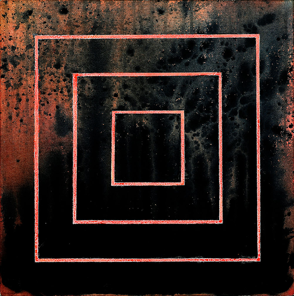 red squares by Heather Lewis  Image: Surface and depth. Turbulent, fiery depths are seen beyond rigid surface lines. 