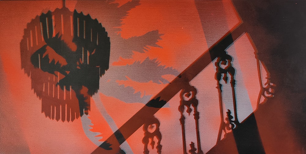 two worlds by Heather Lewis  Image: A palm tree in the morning wind is superimposed on an image of a Scottish tenement stairwell. The image captures brightness and darkness mixed together.