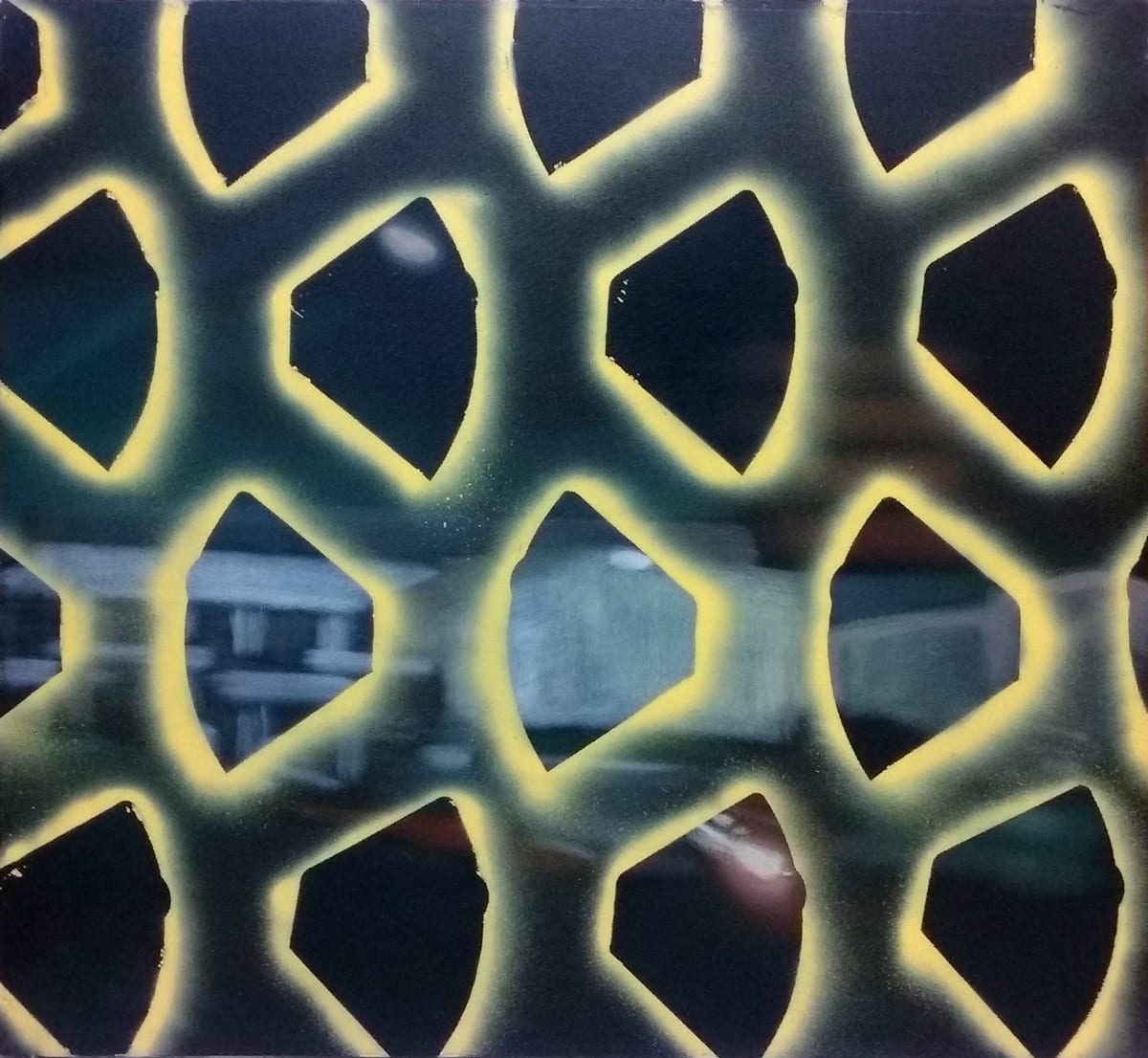 filters and blurs by Heather Lewis  Image: Glowing coffee filters. We're passing a motel in the dark. 