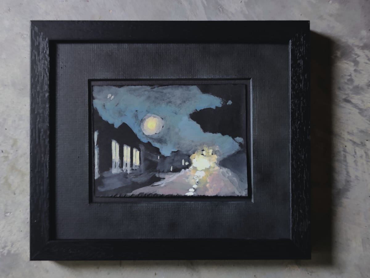 leaving San Luis (study) by Heather Lewis  Image: Lights, reflections, dark silhouettes. A fascination with proximity without engagement.  A custom spray painted mat echoes the atmosphere of the image. 