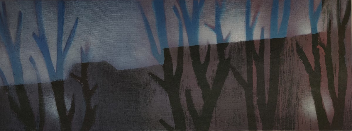 behind the warehouse by Heather Lewis  Image: In the shadow of lights beyond the trees I see tractor trailers come and go.