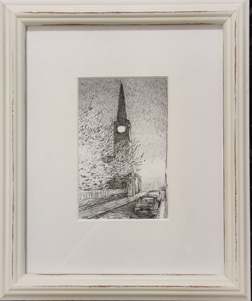 St. Peter Street, Dundee by Heather Lewis  Image: Evening, with the church tower. The trees are lit by a street light in their midst. 